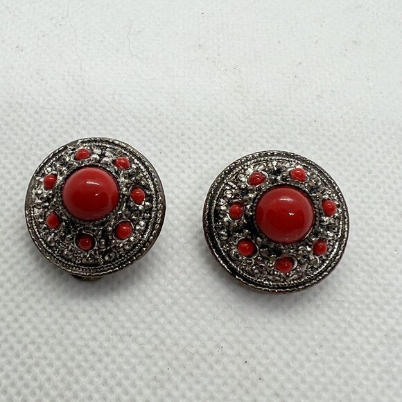 Vintage Austria Clip-On Earrings Silver Tone Dome Red Stone Cabochons - Picture 1 of 6